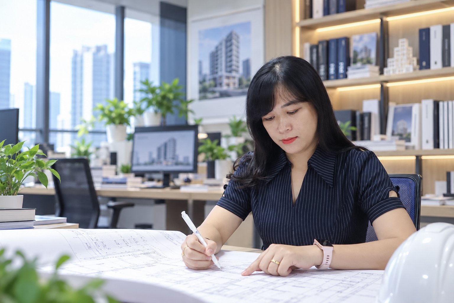 Chị Thùy Linh rà soát bản vẽ in